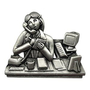 JJ Office Secretary Desk Brooch Pewter Vintage Telephone Computer Pin Figurine